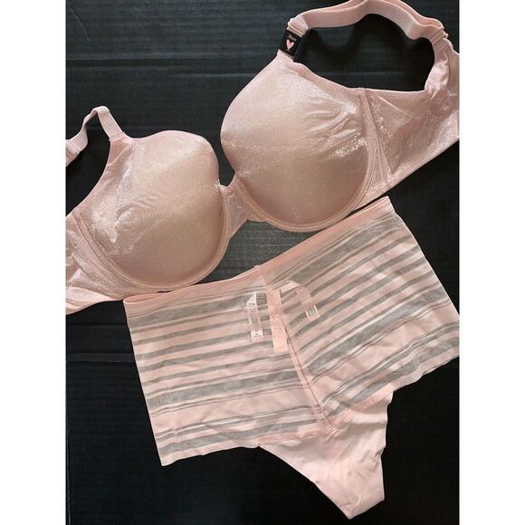Victoria's Secret 36DDD BRA SET M high-waist thong ice PINK beige shimmery